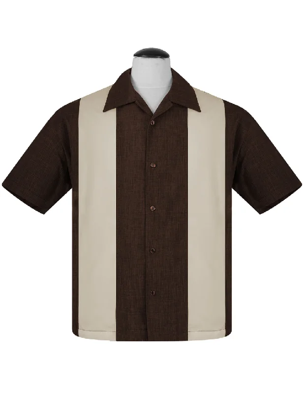 PopCheck Double Panel Bowling Shirt in Brown/Stone Refined Men's European