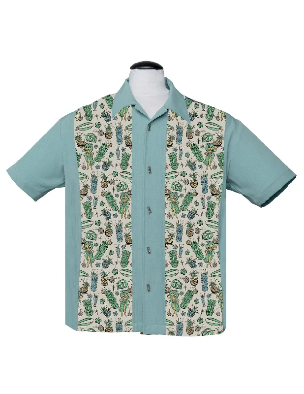 Hula & Cocktails Bowling Shirt in Light Teal Sleek Men's Metallic