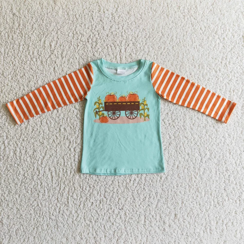 BT0030 Halloween Pumpkin Orange Stripes Green  Boys Long Sleeve Top T-shirts Dynamic Men's Glow