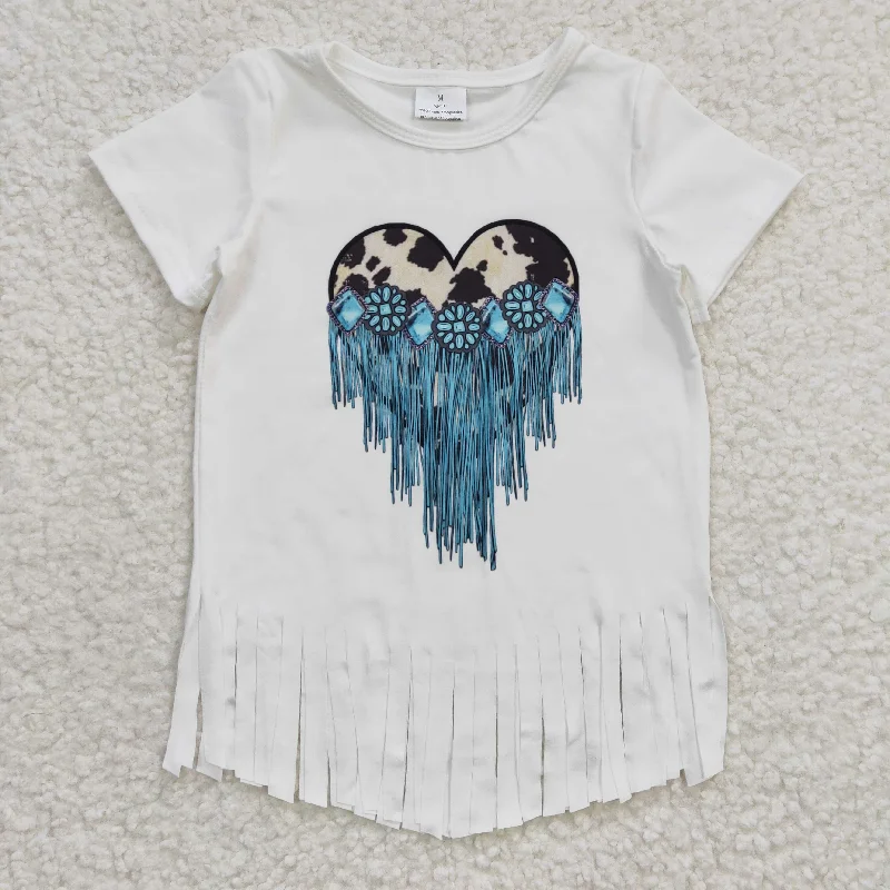 GT0137 Valentine Love Leopard Blue Tassel Girls Short Sleeve Top T-shirts Tough Men's Military