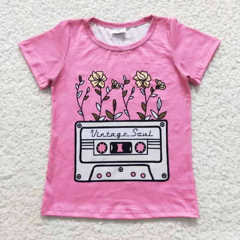 GT0226 Pink Vintage Soul Floral Girls Short Sleeve Top T-shirts Bold Men's Animal