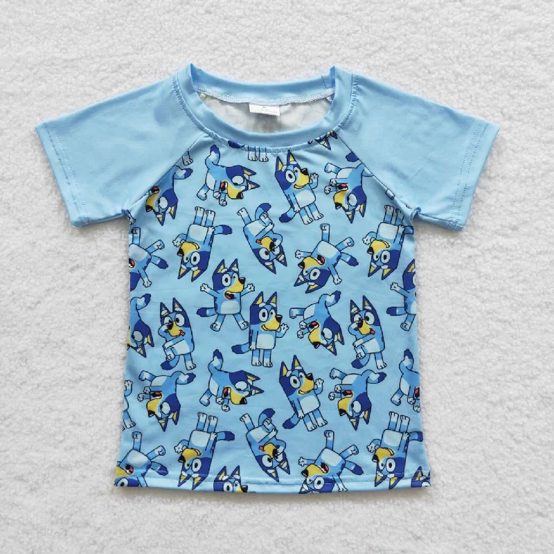 BT0226 Blue Dog Cartoon Boys Short Sleeve Top T-shirts Beach