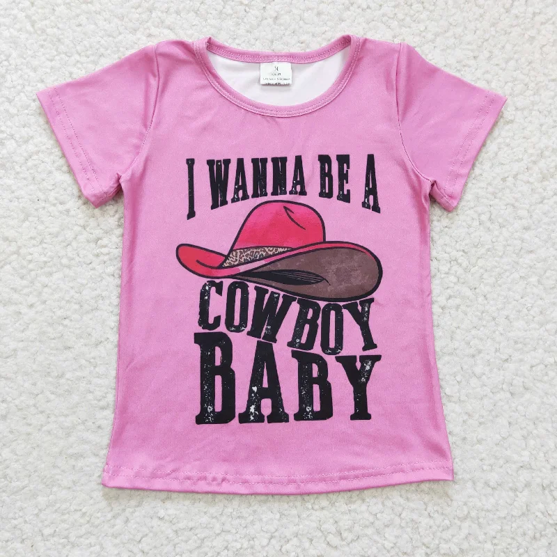 GT0107 I Wanna Be A Cowboy Baby Pink Girls Short Sleeve Top T-shirts Luxurious Men's High