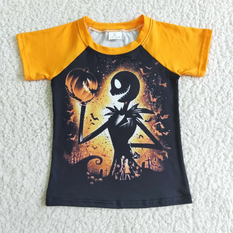 BT0042 Halloween Orange Pumpkin Ghost Cartoon Boys Short Sleeve Top T-shirts Earthy Men's Sustainable 