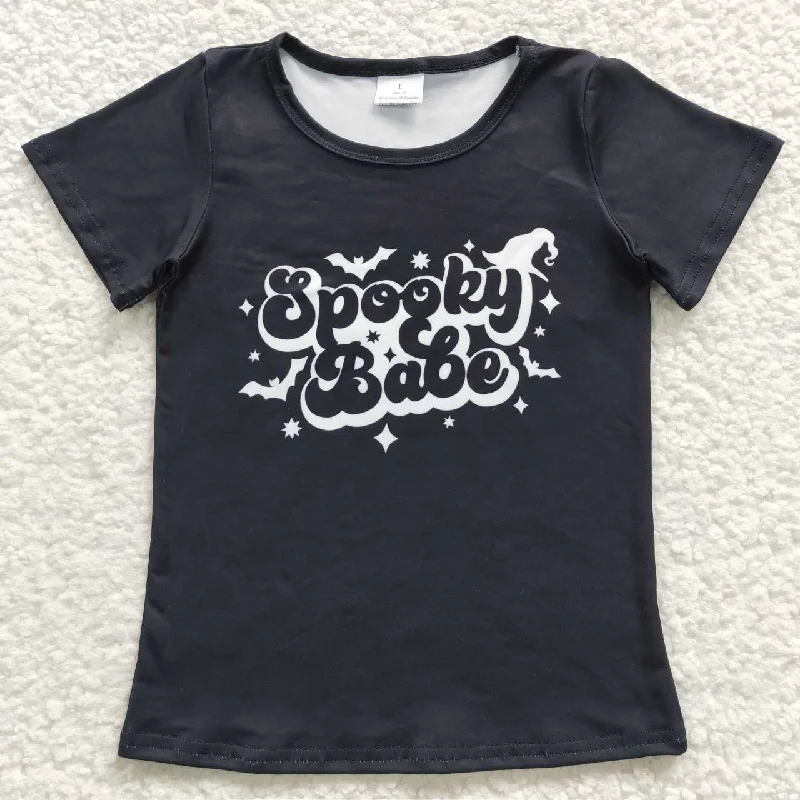 GT0191 Black Halloween Spooky babe Girls Short Sleeve Top T-shirts Monochromatic Office Style