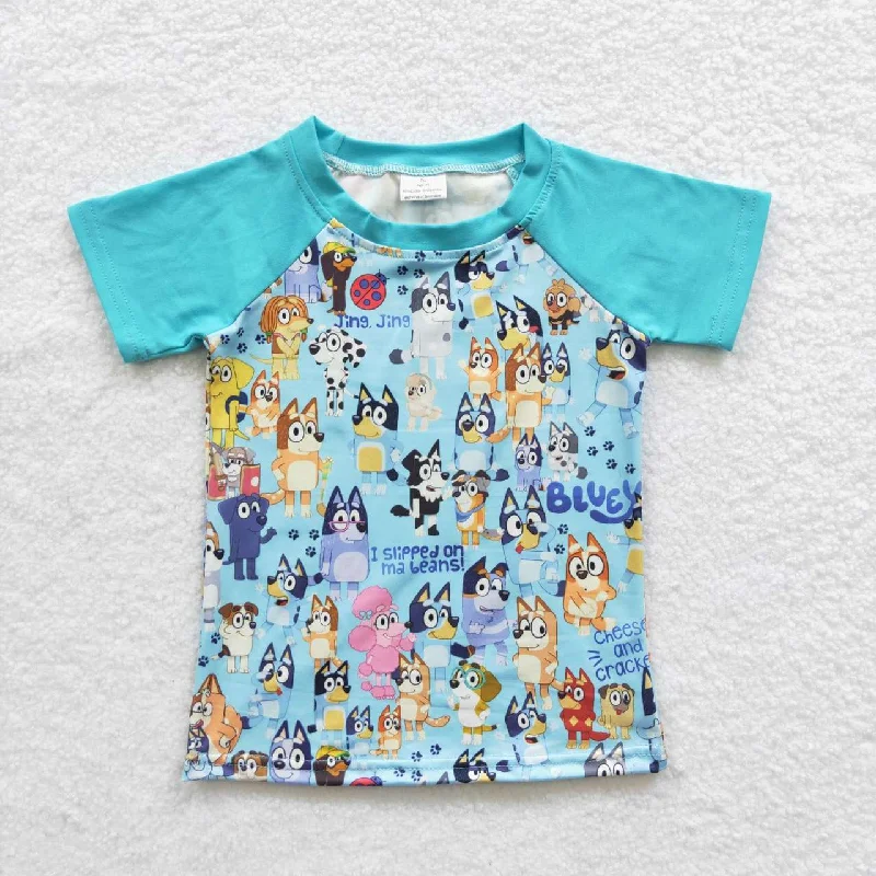 B8-22 Blue Dog Cartoon Boys Short Sleeve Top T-shirts Artistic Men's Avant