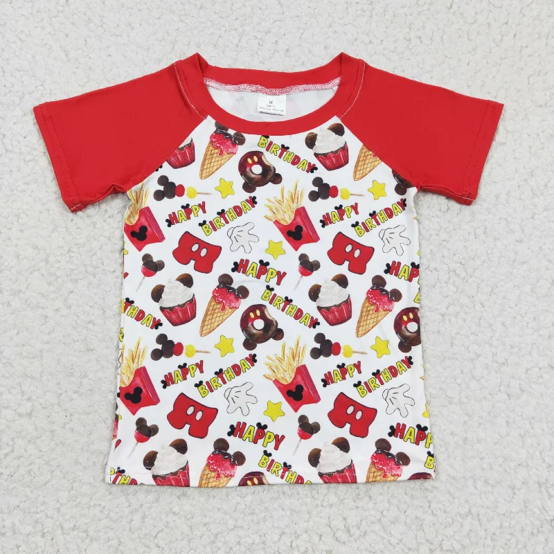 BT0138 Happy Birthday M Cartoon Red Yellow Boys Short Sleeve Top T-shirts Bold Men's Statement