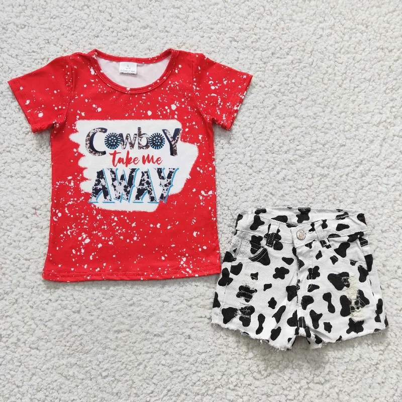 GSSO0147 2Pcs Cowboy Take The Away Red Top+ Denim  Girls Short Sleeve Shorts Outfits Bohemian Men's Free