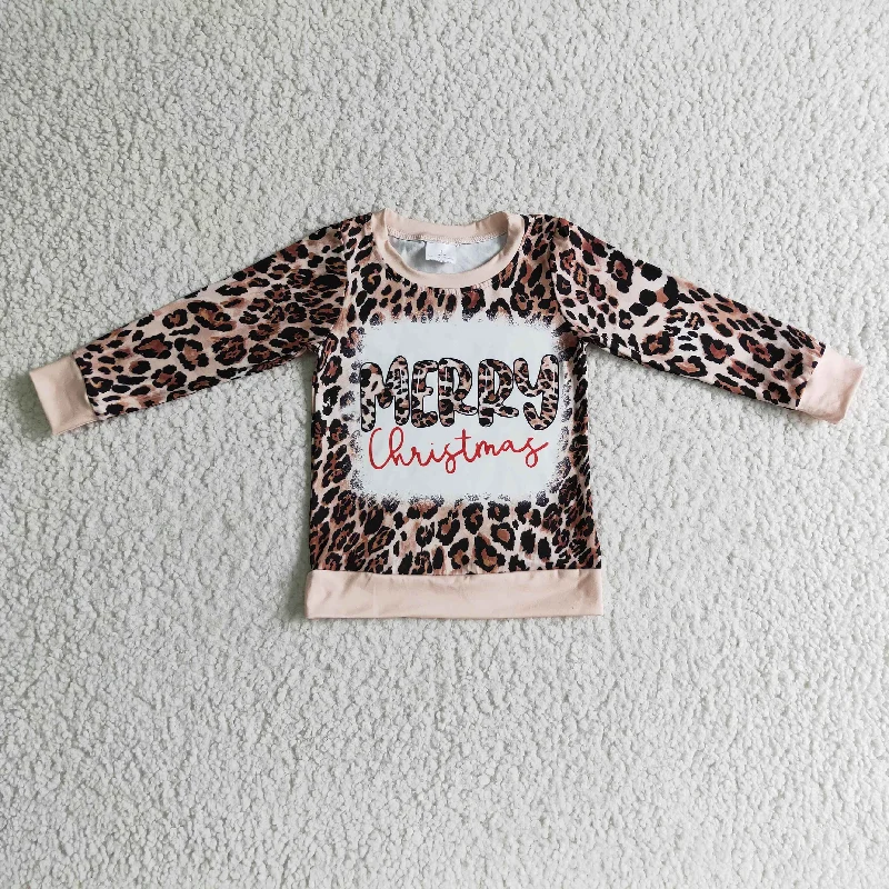 GT0060 Merry Christmas Leopard Pink Girls Long Sleeve Top T-shirts Sleek Men's Metallic