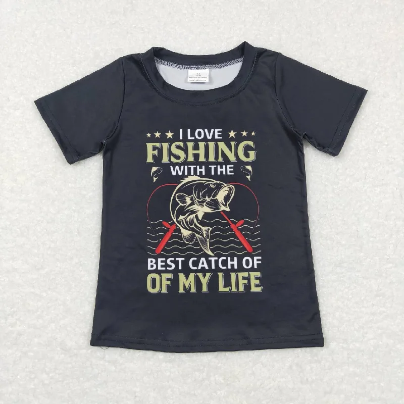 BT0414  Black Fishing  Boys Short Sleeve Top T-shirts Refined Men's Velvet