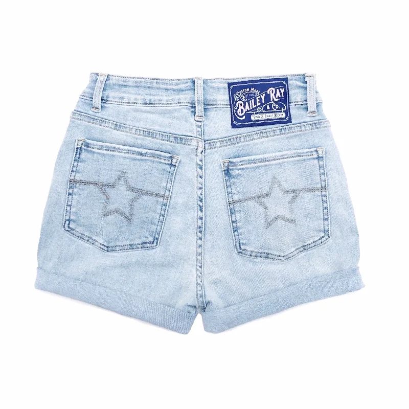 High Waisted Denim Shorts  - The Aria - Star Stitched Pockets - Stretchy Monochromatic Office Style