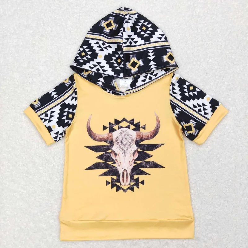 promotion RTS BT0458 Yellow Western Highland Cow Girls Short Sleeve Hoodies Top Modern Men's Tech