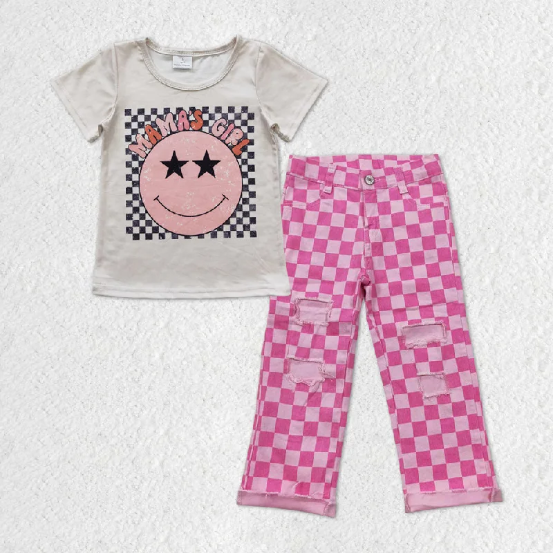 GSPO1606 mamas girl Smiley Stars Short sleeve top Pink plaid ripped jeans high quality Dapper Men's Bow