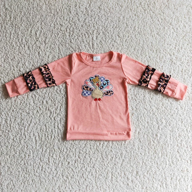 GT0040 Thanksgiving Turkey Leopard Pink Embroidery Girls Long Sleeve Top T-shirts Artistic Men's Avant