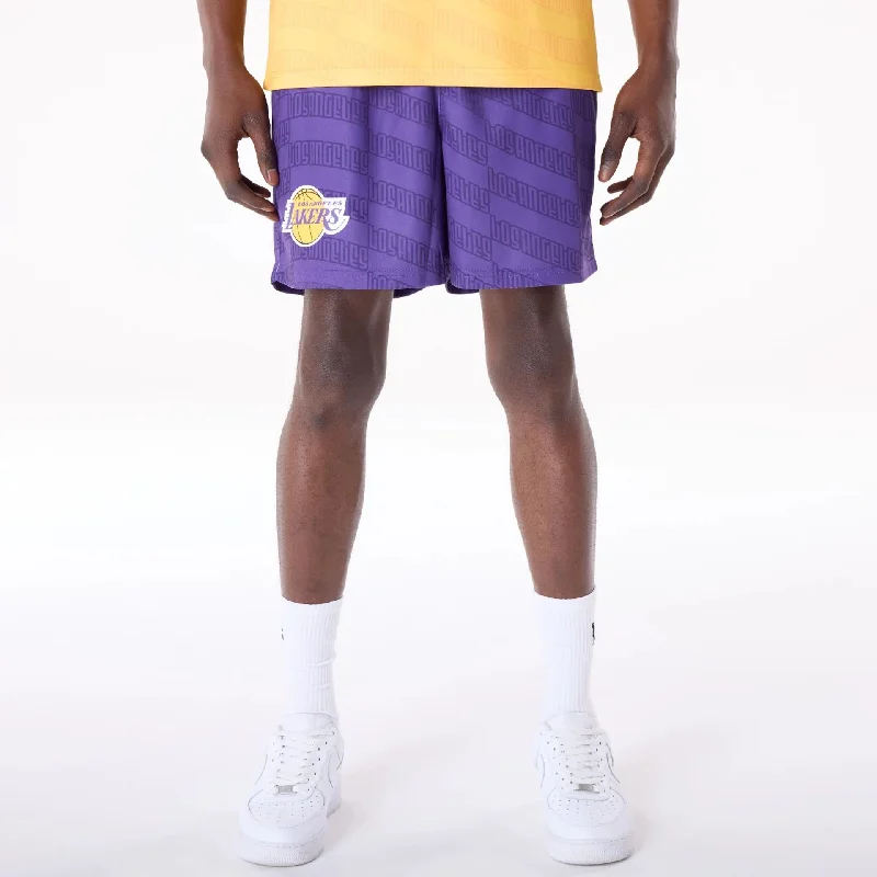 LA Lakers NBA All Over Print Graphic Purple Shorts Preppy Men's College