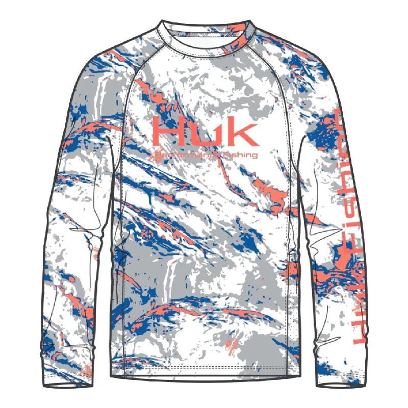 Huk Pursuit Mossy Oak Printed Long Performance Sleeve Crew T-Shirt - Ocean Blue Earthy Men's Hemp