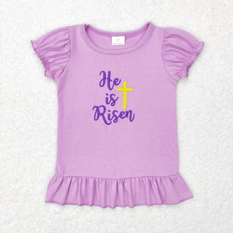 GT0393   Easter Purple Cross He is risen Embroidery  Girls Short Sleeve Top T-shirts Dynamic Men's Moto