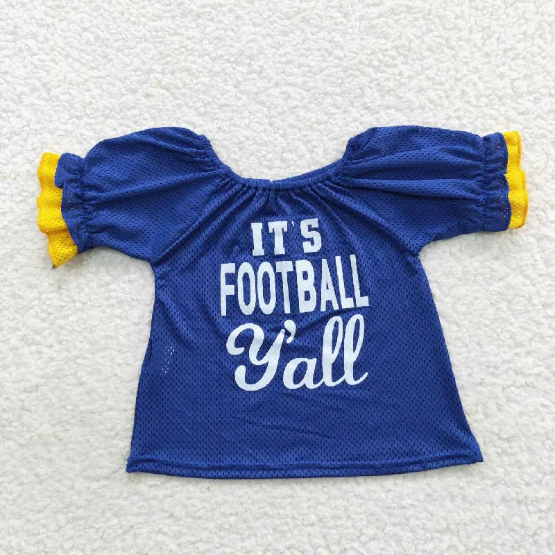 GT0273 Blue Yellow  Football Yall Girls Short Sleeve Top T-shirts Dapper Men's 1920S