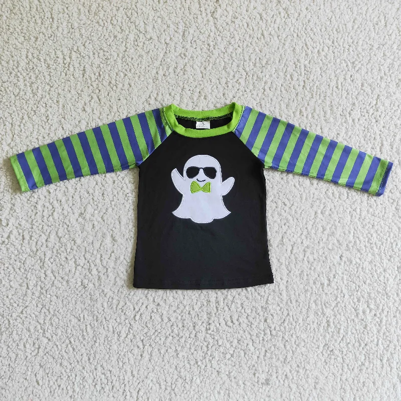 BT0066 Halloween Glasses Ghost Cartoon Green Blue Stripes Boys Long Sleeve Top T-shirts Laid