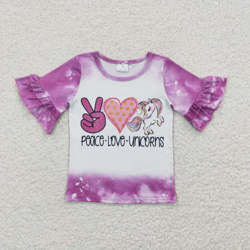 GT0161 Purple Peace Love Unicorns Girls Short Sleeve Top T-shirts Sleek Men's Metallic