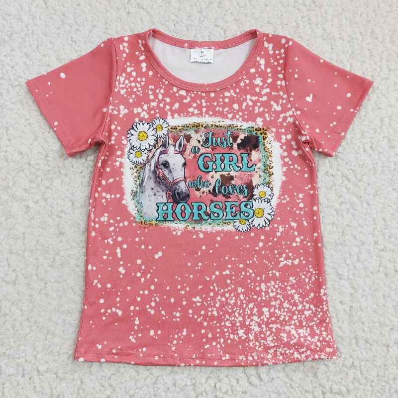 GT0095 Valentine Pink Just Girl Loves Horses Girls Short Sleeve Top T-shirts Polished Men's Satin