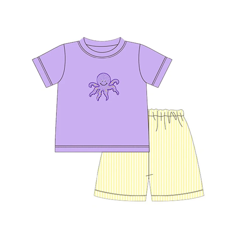 Preorder  BSSO0627  purple yellow  octopus Boys Short Sleeve Shorts Outfits Unique Men's Patch