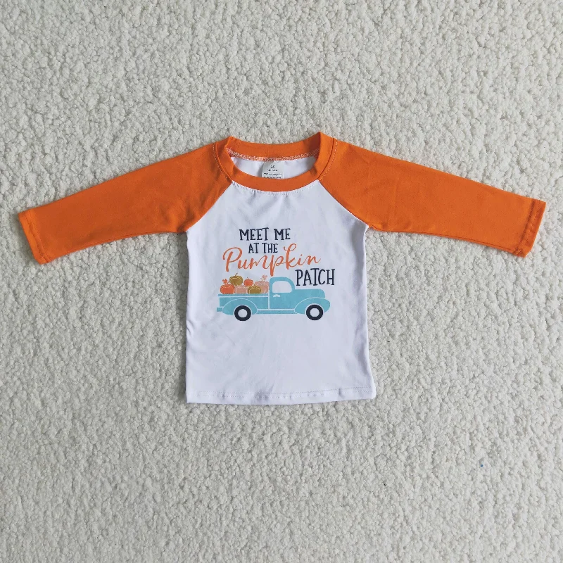 6 A11-17 Halloween Pumpkin Orange Raglan Boys Long Sleeve Top T-shirts Monochromatic All