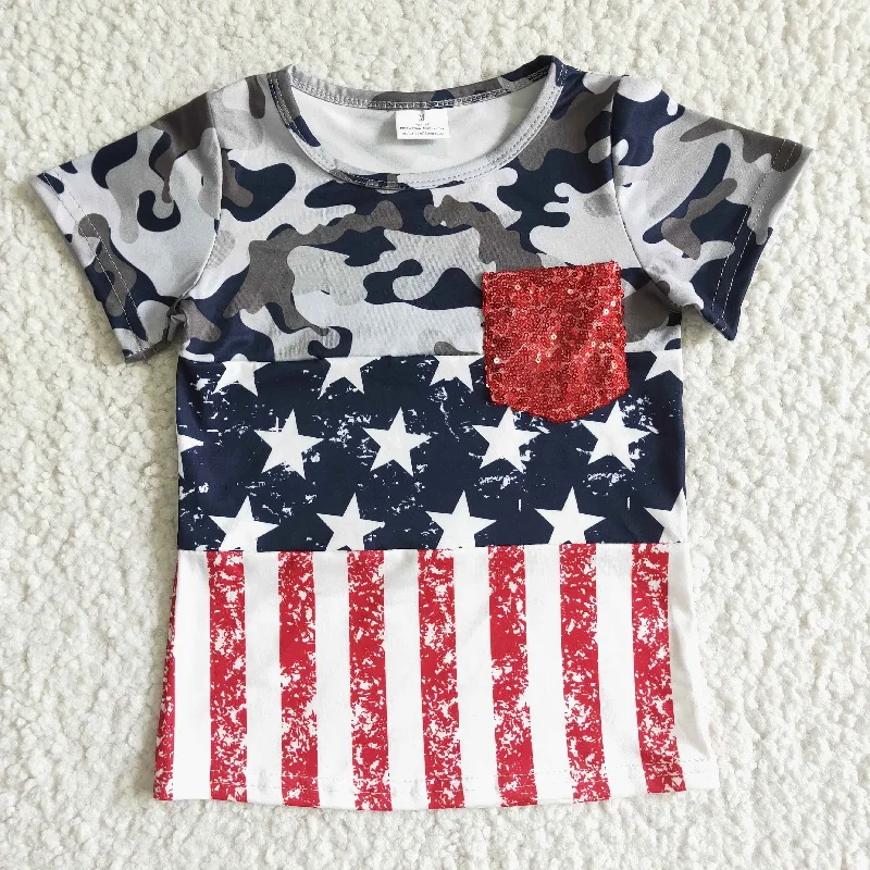 BT0008 4th Of July Blue Red Sequin Flag Short Sleeve Top Boys T-shirts Polished Men's Satin