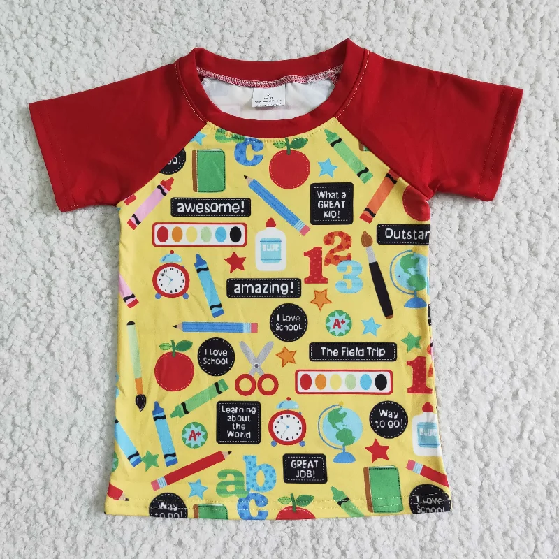 A12-17-1 Back To School Pen Print Red Raglan Short Sleeve Top Boys T-shirts Sophisticated Men's French