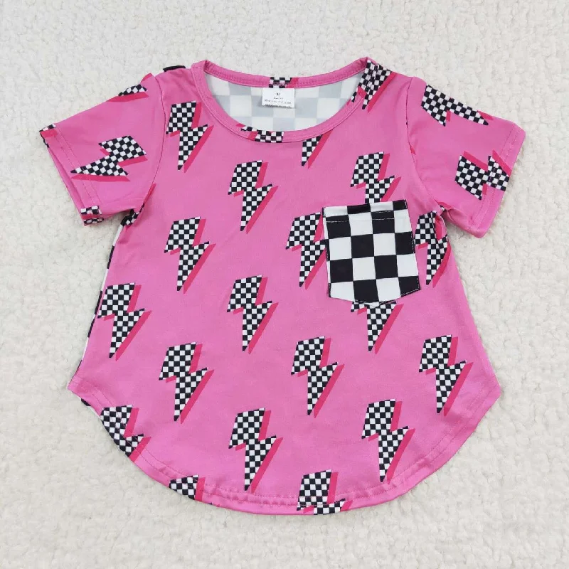 GT0227 Pink Plaid Girls Short Sleeve Top T-shirts Traditional Men's Wool