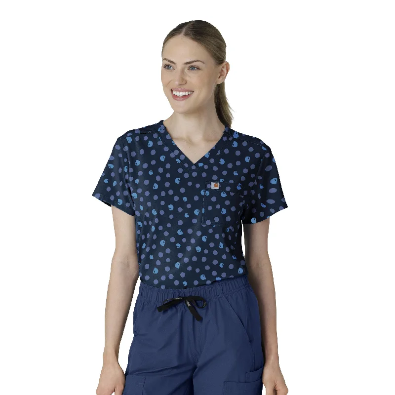 Carhartt Women's Tuck-In Print Scrub Top - Lively Logo Dots Navy Business