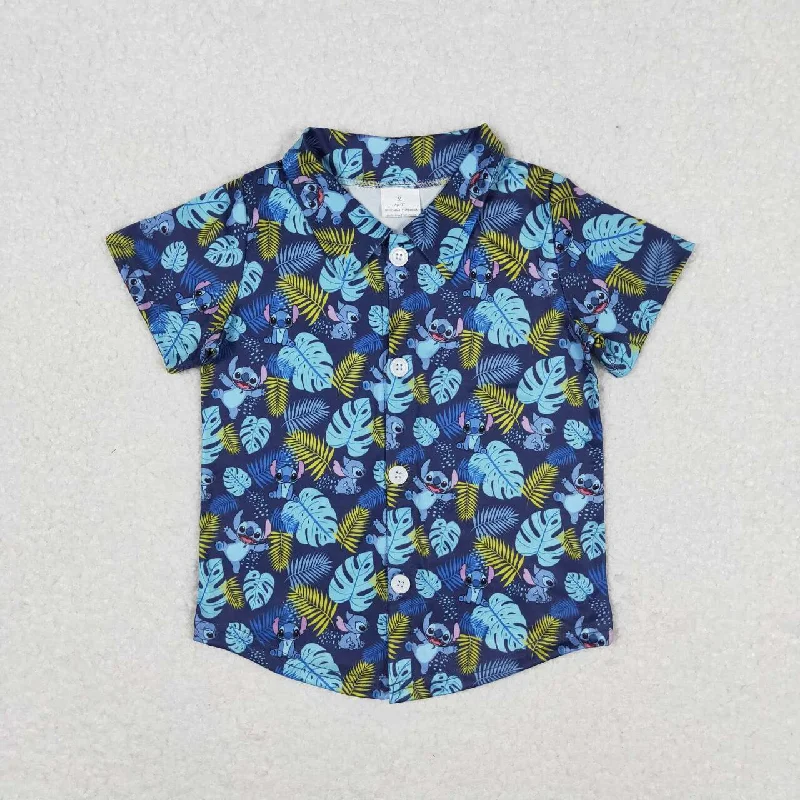 BT0608 Cartoon Stitch leaves blue button short sleeve top high quality Dynamic Men's High