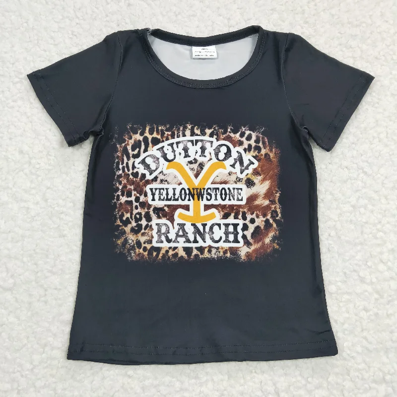 GT0177 Black Leopard  Cowboy Ranch Western Girls Short Sleeve Top T-shirts Sophisticated Men's French