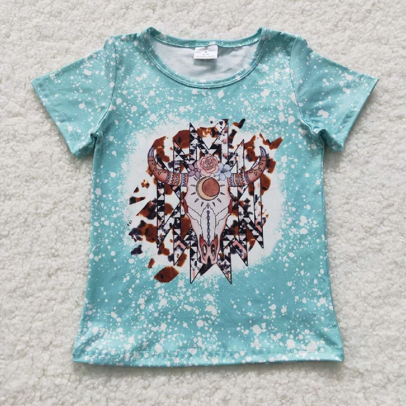 GT0238 Blue Highland Cow Girls Short Sleeve Top T-shirts Refined Men's Velvet