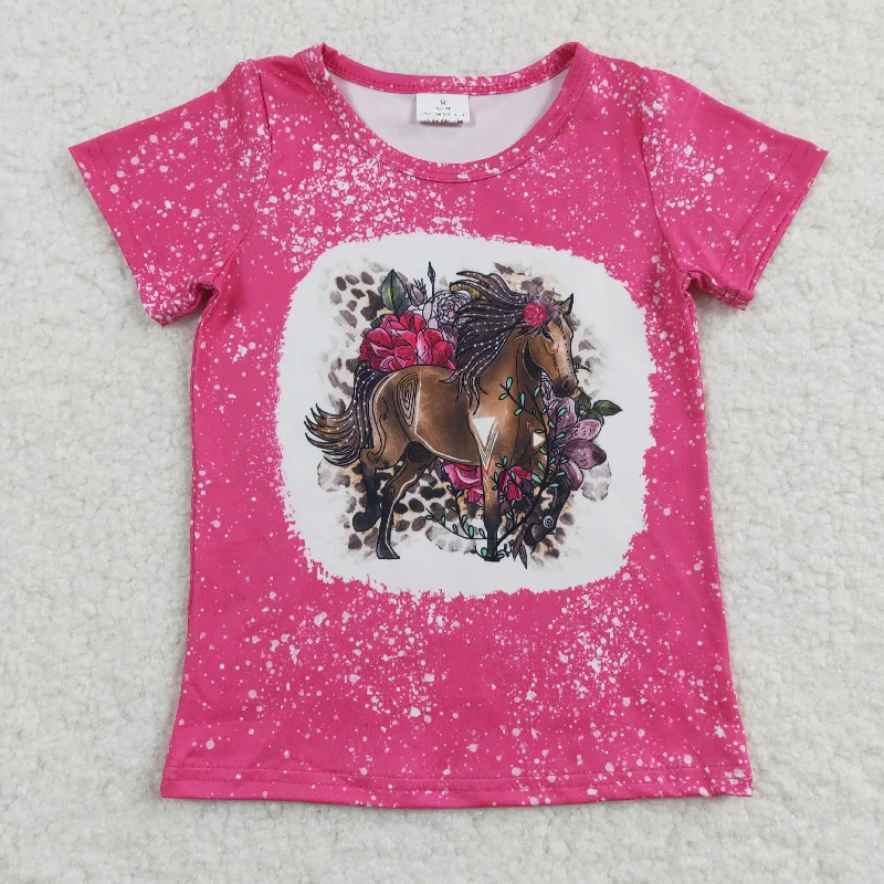 GT0122 Pink Bleach Horse Floral Girls Short Sleeve Top T-shirts Masculine Men's Thick