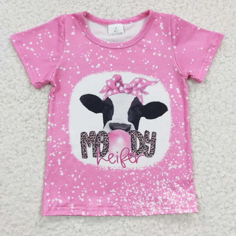 GT0128 Pink Moody Heifer Cow Girls Short Sleeve Top T-shirts Classic Men's Pin