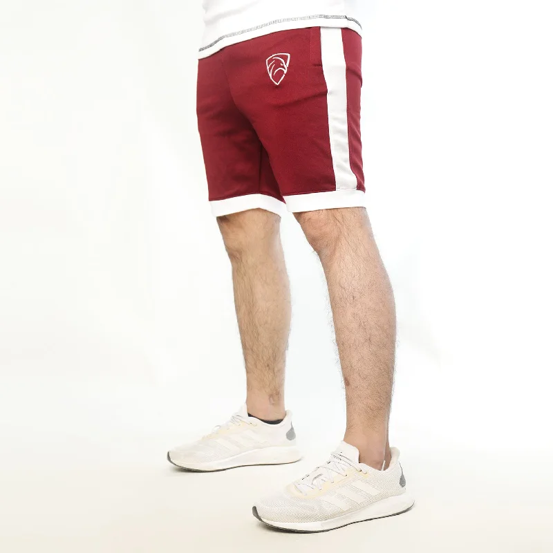 Maroon Interlock Shorts With White Side And Bottom Panels Monochromatic Office Style