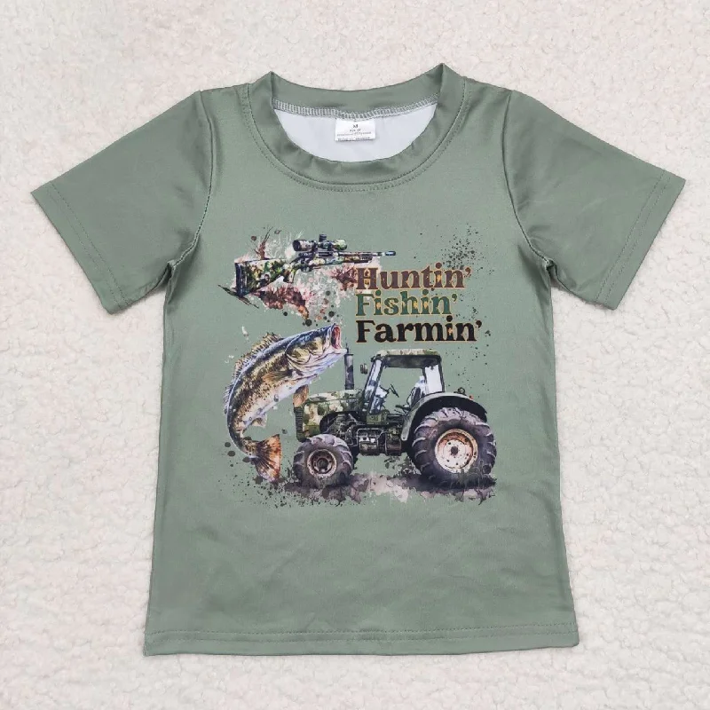 BT0344 Green Truck Huntin Fishin Farmin Fish Boys Short Sleeve Top T-shirts Elegant Men's Formal 