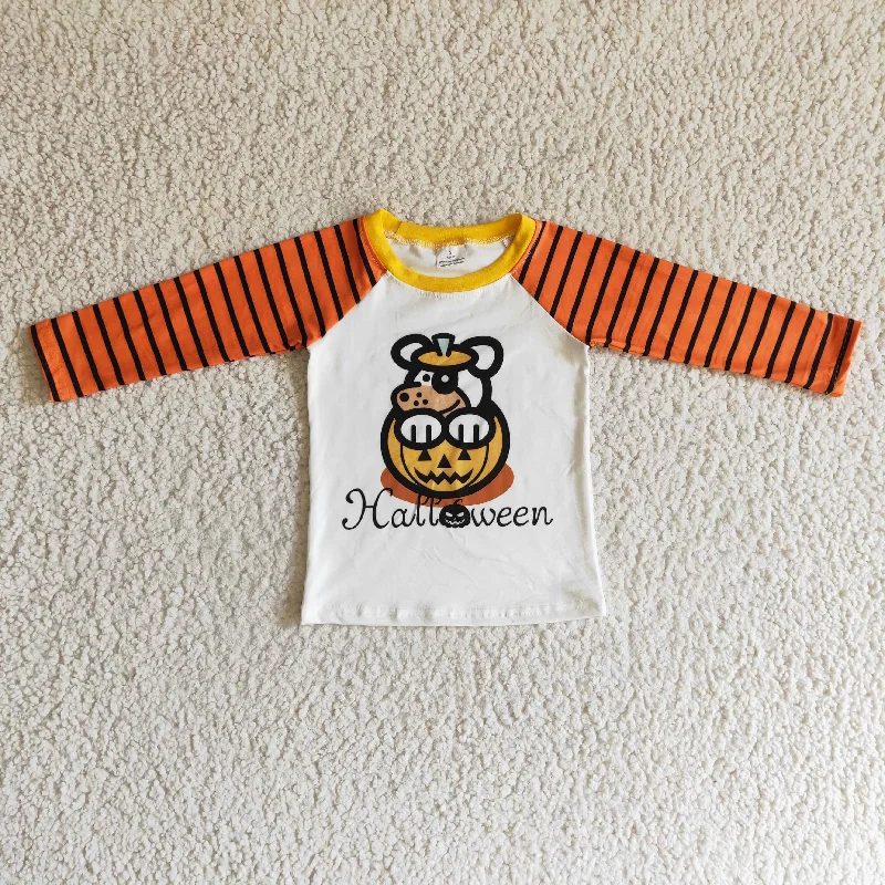 BT0054 Halloween Orange Black Stripes Pumpkin Bee Dog Boys Long Sleeve Top T-shirts Casual Men's Loose