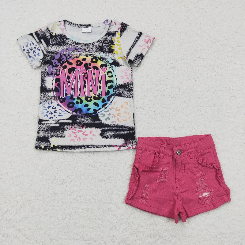 GSSO0146 2Pcs Family Mini Leopard Top+ Pink Denim  Girls Short Sleeve Shorts Outfits Cozy Men's Sherpa