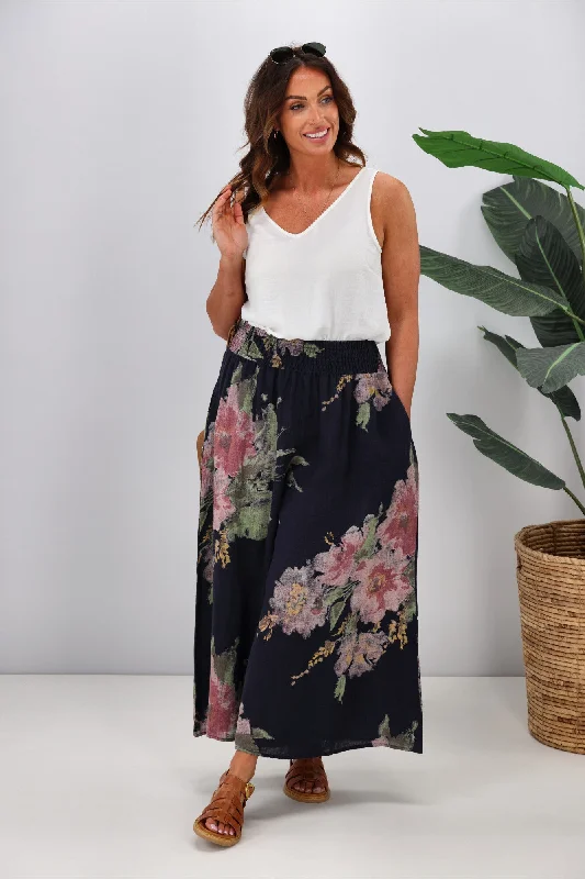 Cali & Co Wide Leg Linen Floral Pant Navy Street