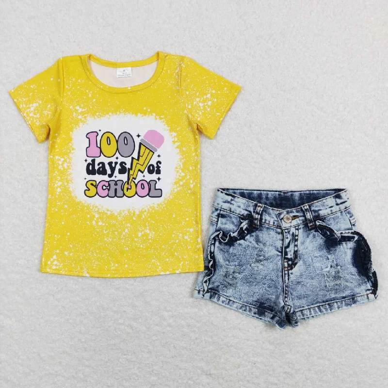 2Pcs GT0387 100 days of school yellow Top+ Denim  Girls Short Sleeve Shorts Outfits Sleek Men's Metallic