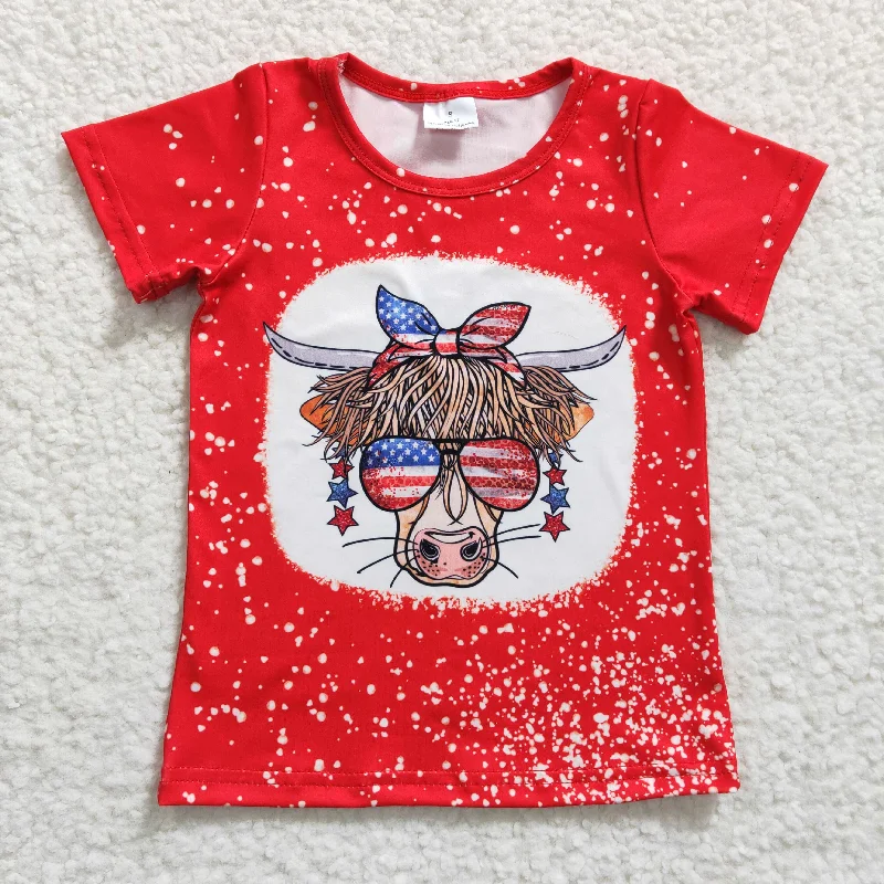 GT0114 4th Of July Red Highland Cow Girls Short Sleeve Top T-shirts Relaxed Men's Beach