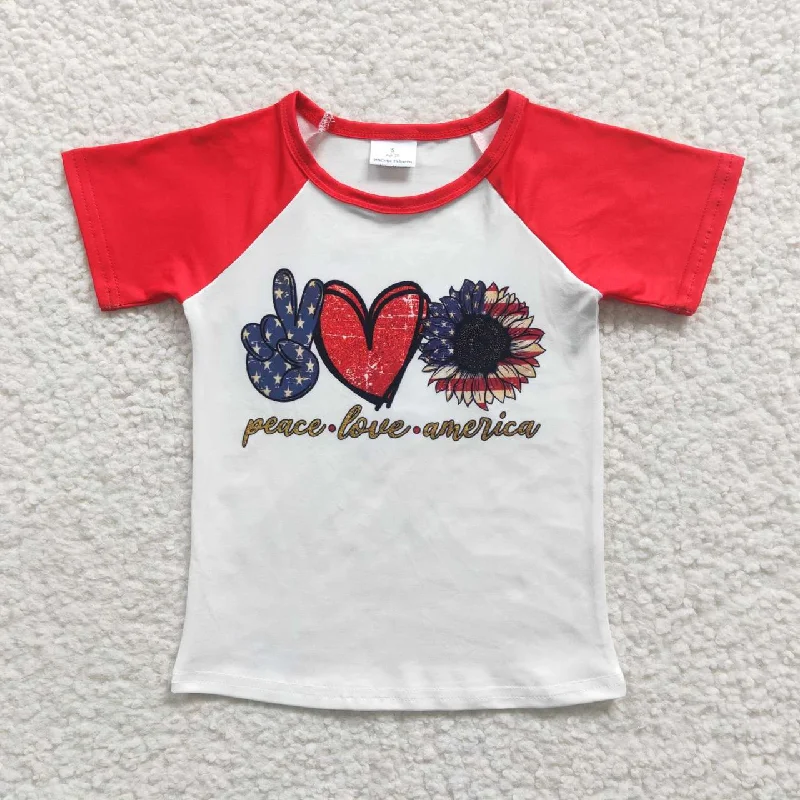 GT0108 4th Of July Peace Love Red Girls Short Sleeve Top T-shirts Casual Men's Japanese 