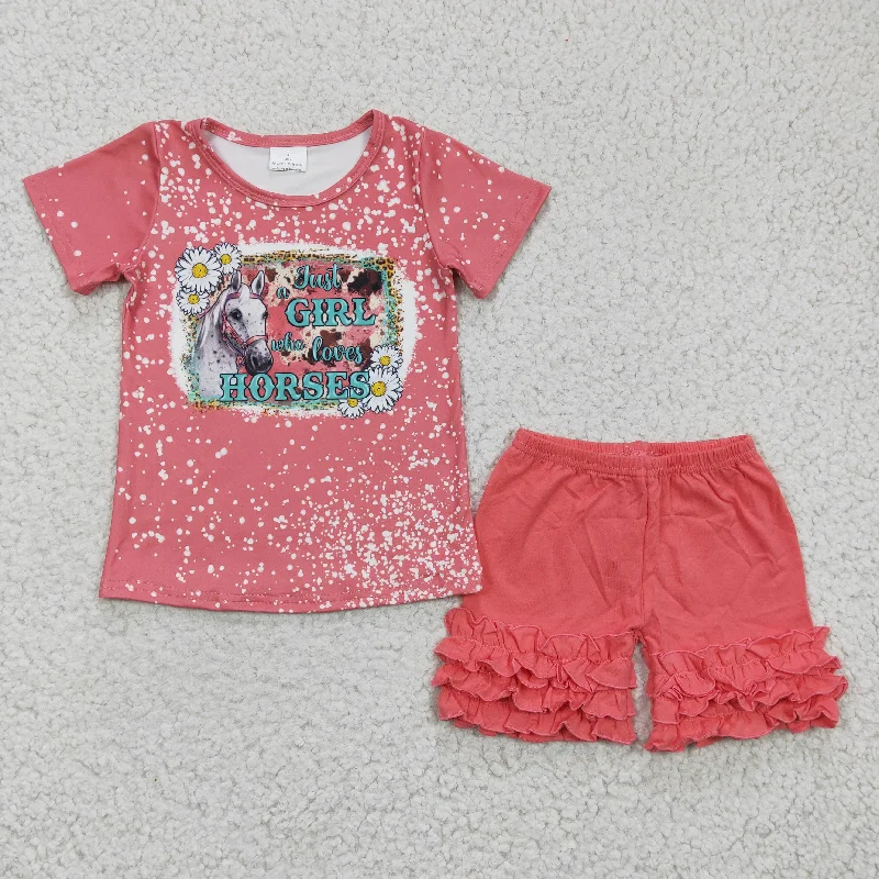 GSSO0185 GT0095 Valentine Pink Just Girl Loves Horses Top+pink Girls Short Sleeve Shorts Outfits Earthy Men's Sustainable 