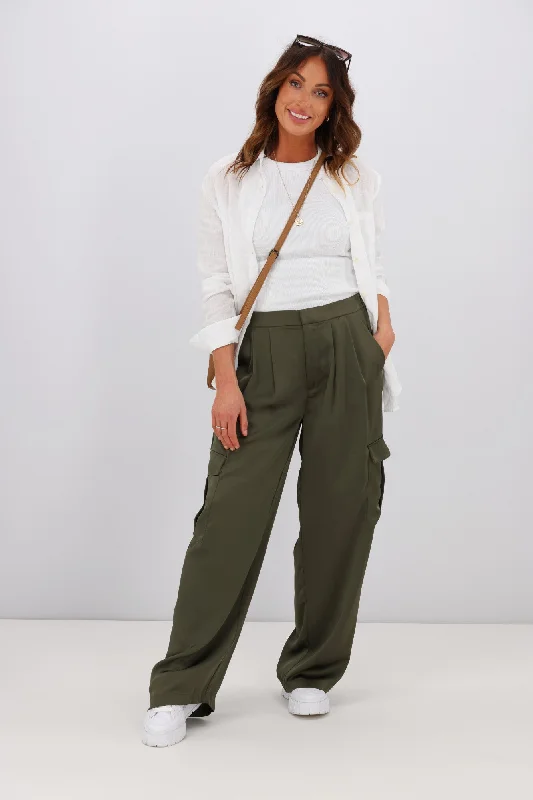 Shine On Label Julio Satin Cargo Pants Olive Adventure