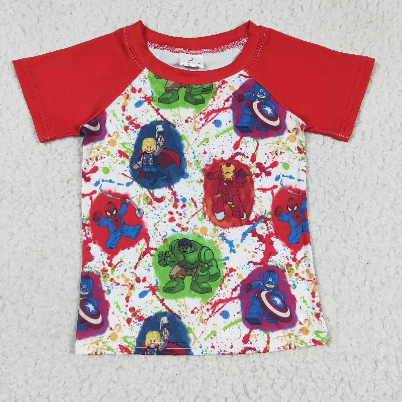 BT0139  Red Super Hero Boys Short Sleeve Top T-shirts Stylish Men's Tropical 