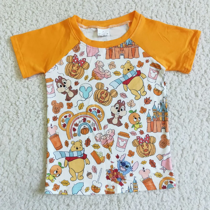 BT0044 Halloween Orange Pumpkin Castle M Cartoon Boys Short Sleeve Top T-shirts Cclassic Men's Tweed