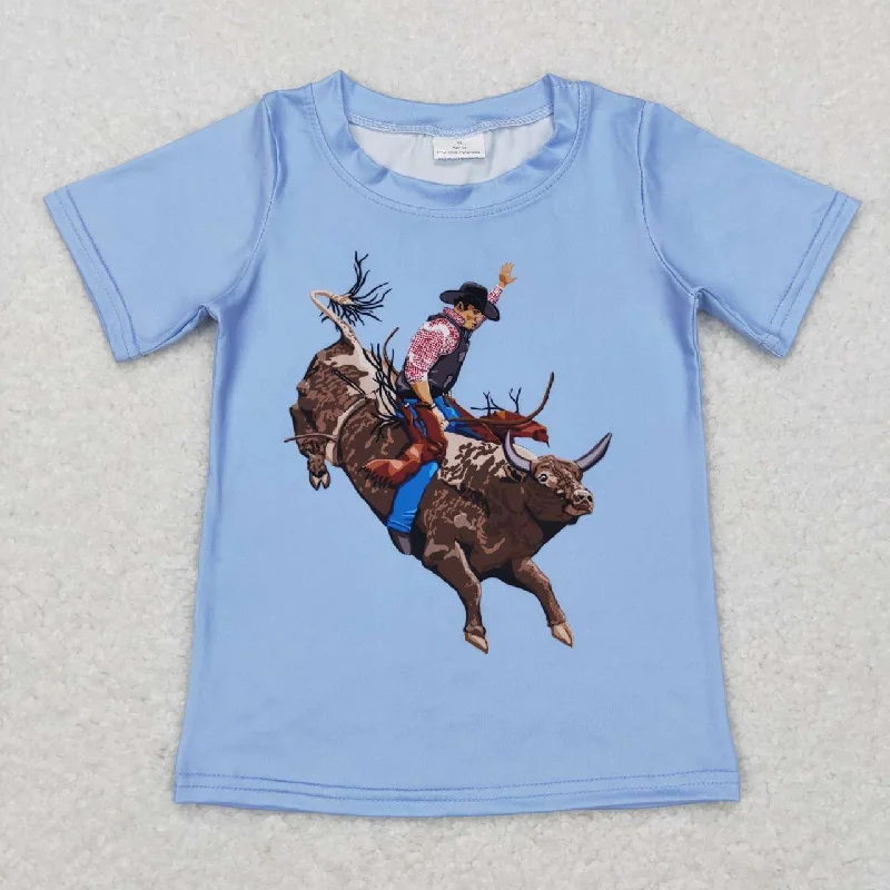 BT0435  blue cowboy rodeo  Boys Short Sleeve Top T-shirts Cozy Men's Winter