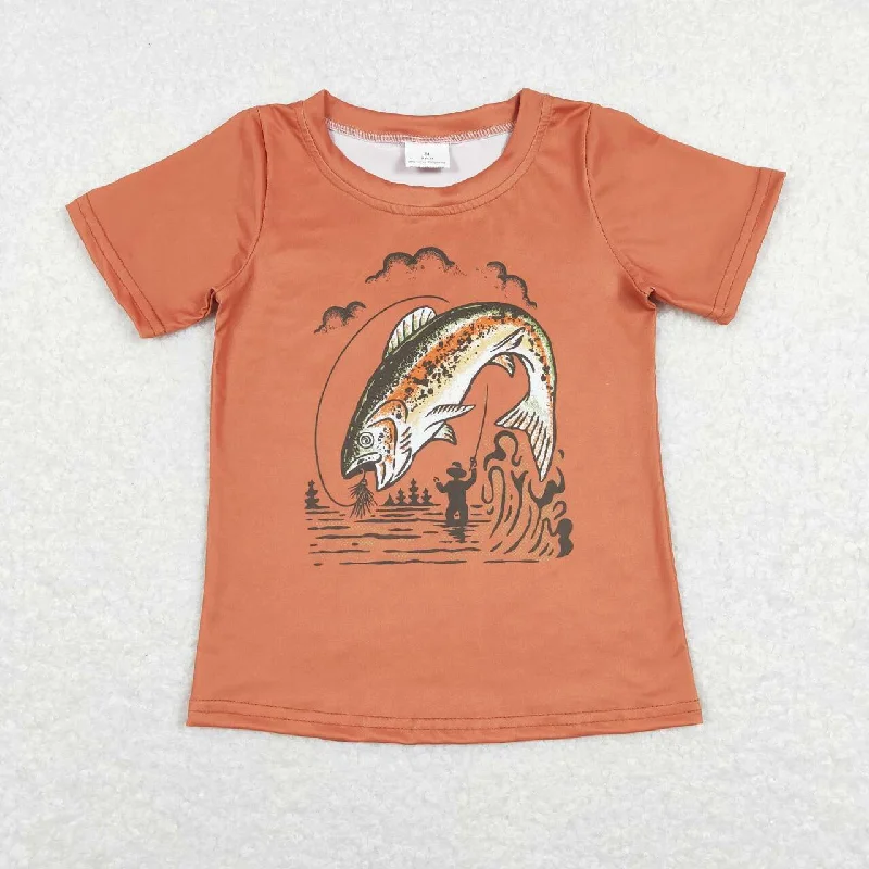 BT0507 orange fish Boys Short Sleeve Top T-shirts Cozy Men's Sherpa